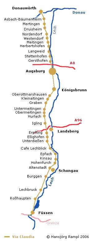 Verlauf der Via Claudia in Schwaben von Donauwörth bis Füssen