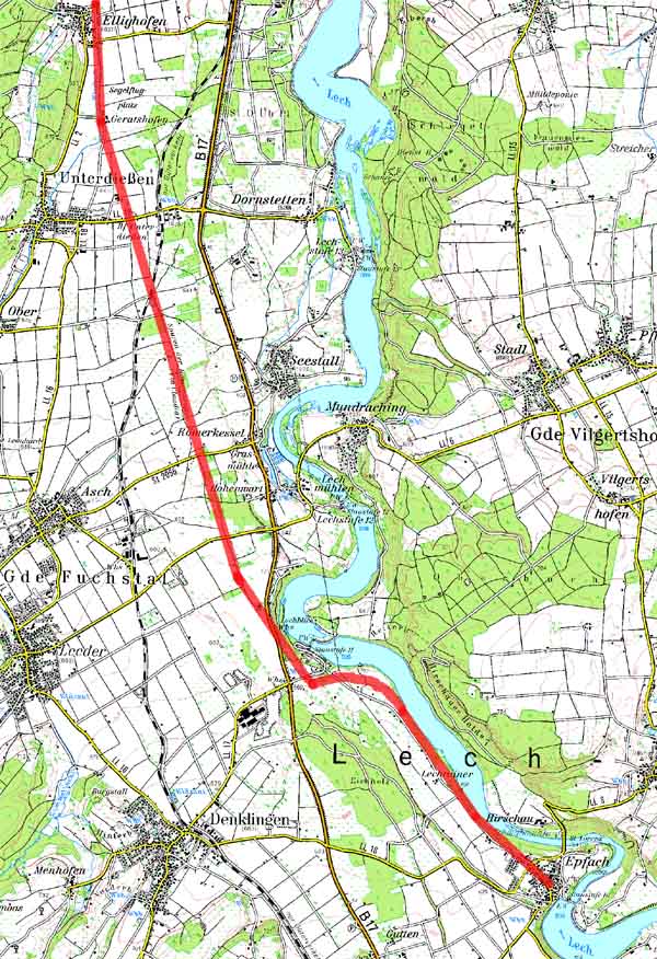 Topographische Karte des Verlaufs der Via Claudia von Ellighofen bis Epfach