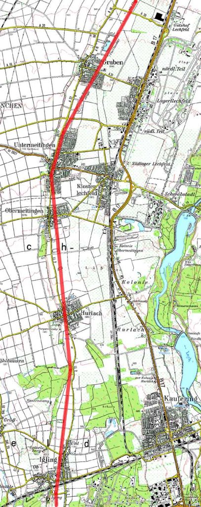 Topographische Karte des Verlaufs der Via Claudia zwischen Graben und Igling