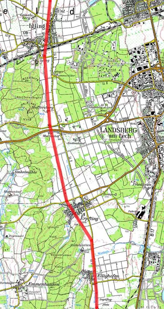 Topographische Karten des Verlaufs der Via Claudia von Igling bis Erpfting
