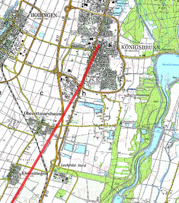 Topographische Karte der Via Claudia zwischen Königsbrunn und Kleinaitingen